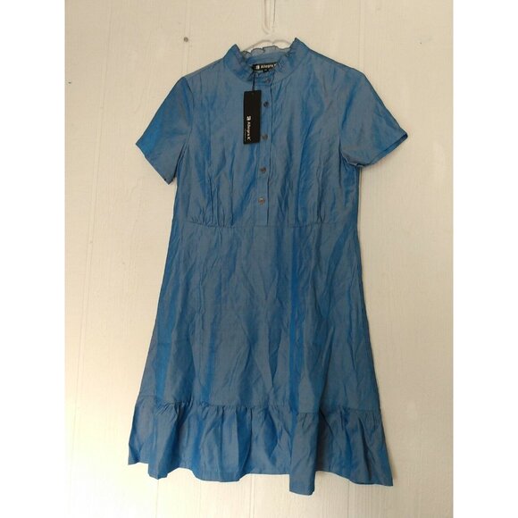 Allegra K Womens XS Blue Ruffle High Neck Button Front Short Sleeve Dress NWT - Picture 3 of 6